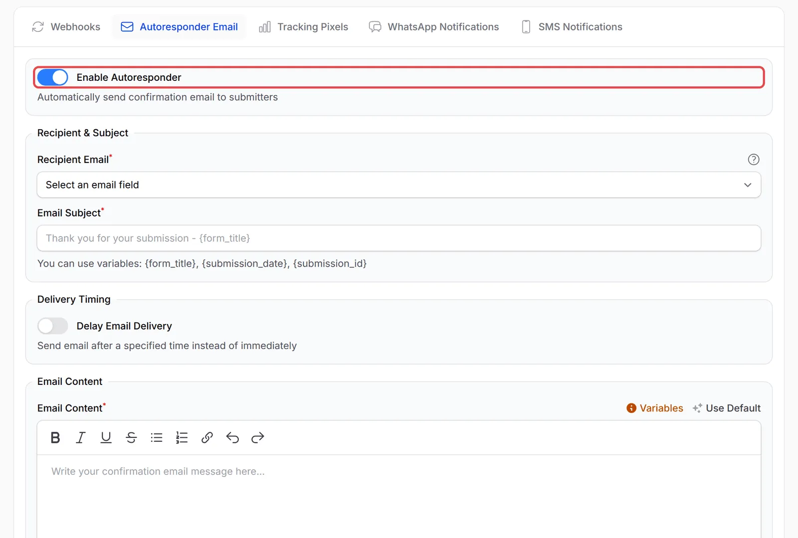 The Autoresponder Email tab with Enable Autoresponder turned on