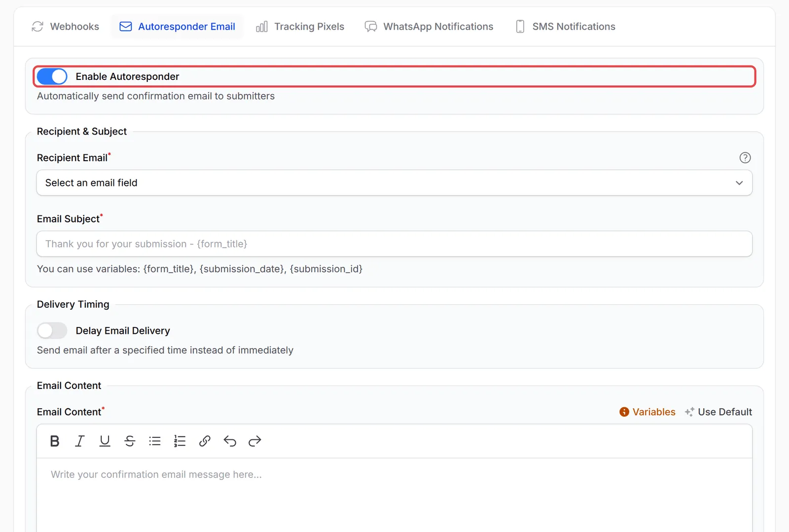 Autoresponder Email标签页，Enable Autoresponder已开启