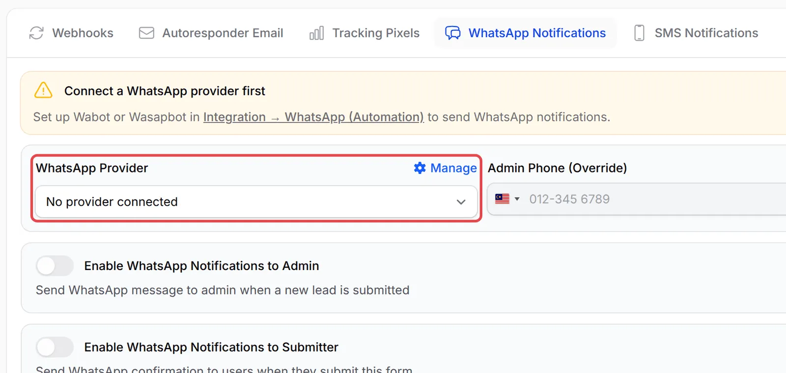 The WhatsApp Notifications tab with the WhatsApp Provider field highlighted