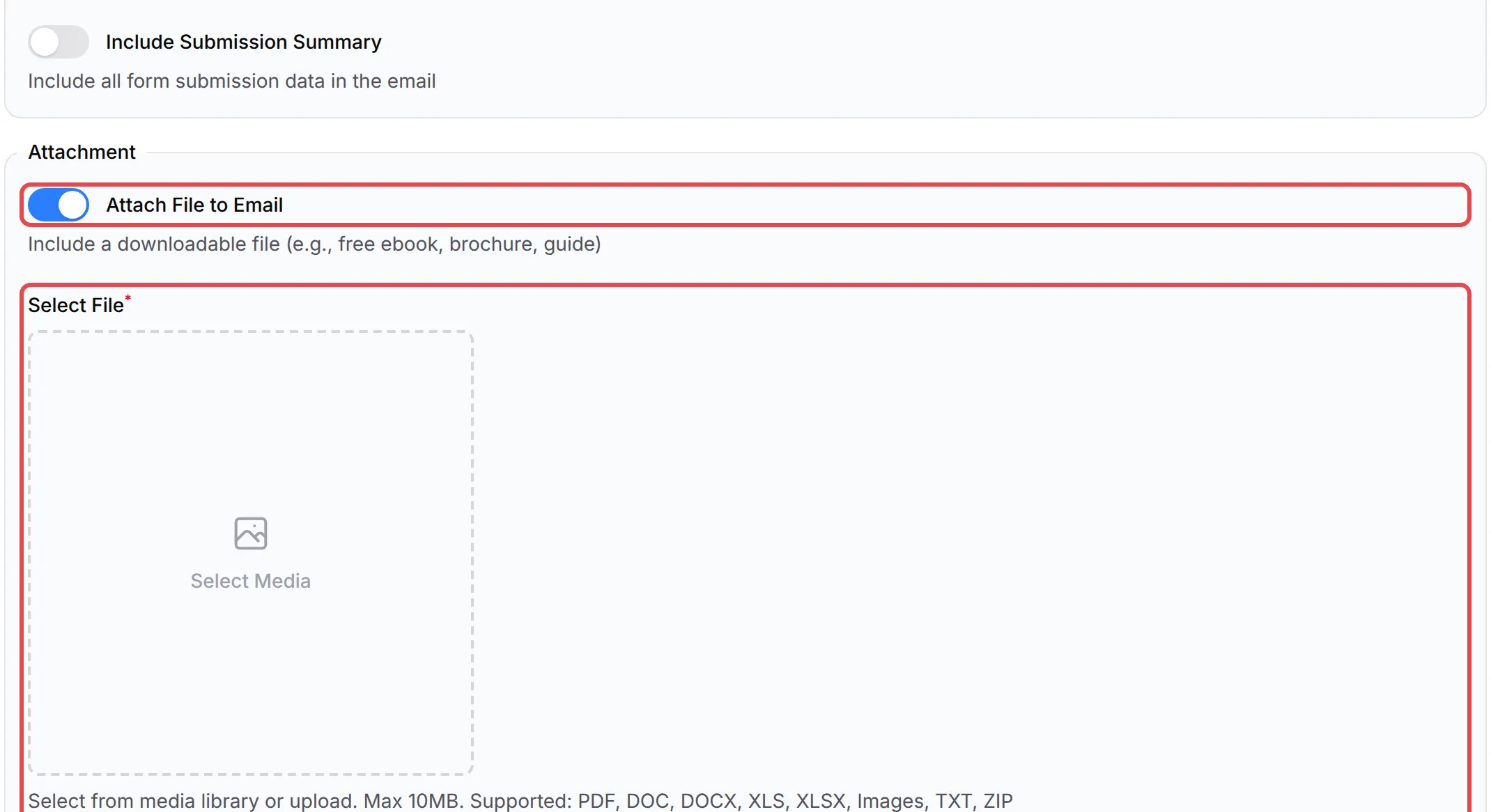 The Attachment section of the Autoresponder Email tab, with Attach File to Email turned on and the Select File box highlighted
