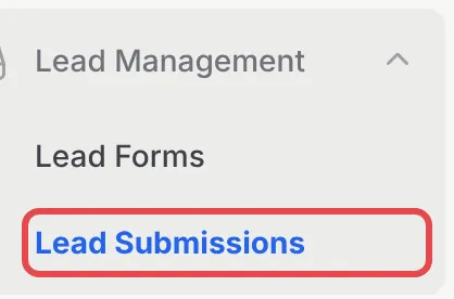 The Lead Management menu in the BCL sidebar, with Lead Submissions highlighted