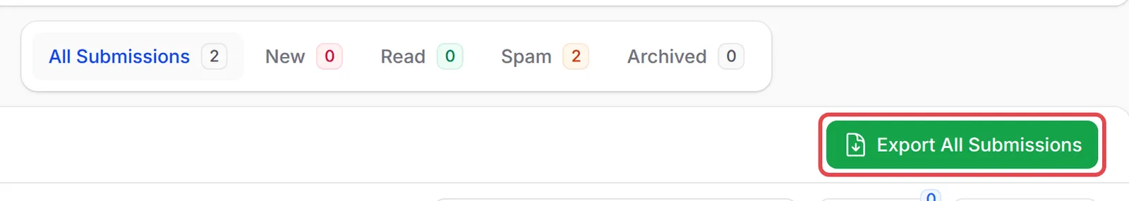 The Export All Submissions button above a form’s submissions