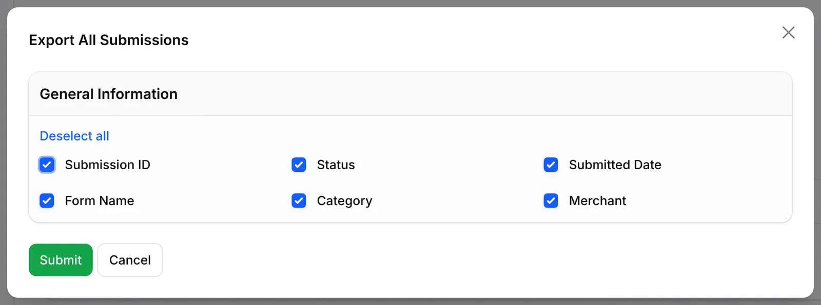 The Export All Submissions dialog with the General Information columns
