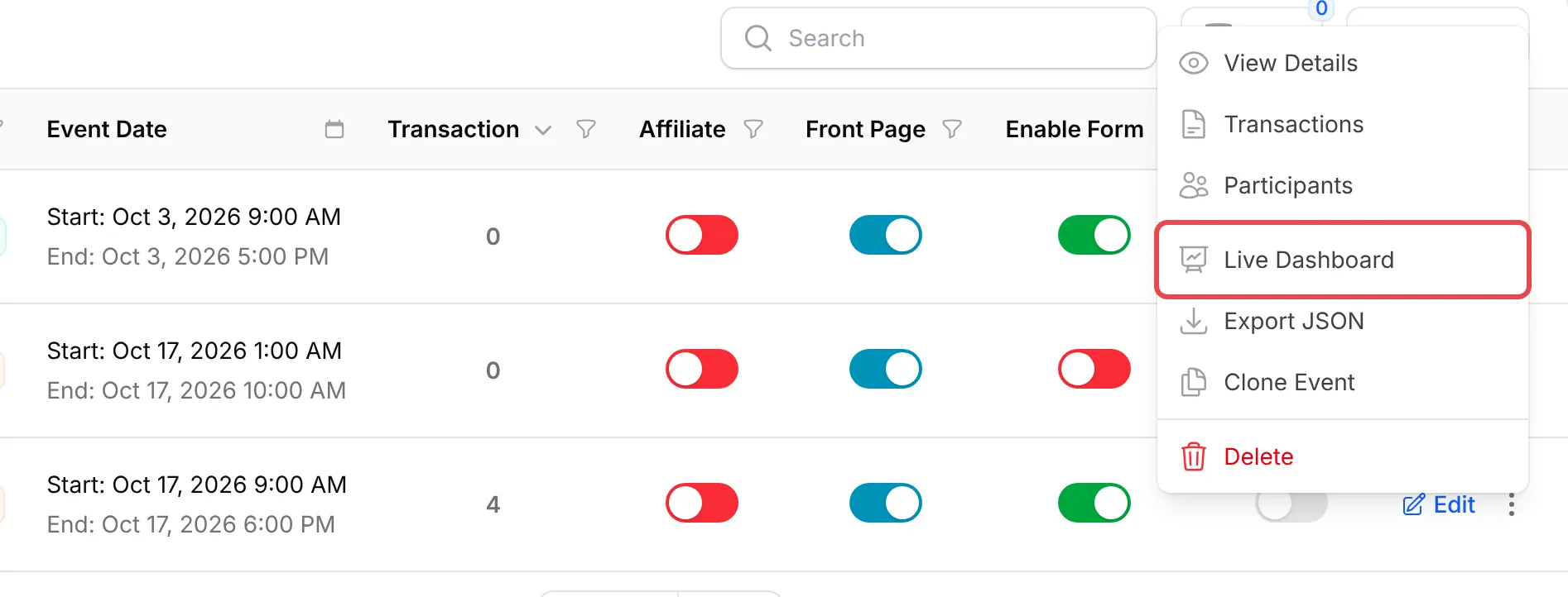 The actions menu of an event on the Event Forms list, with Live Dashboard highlighted