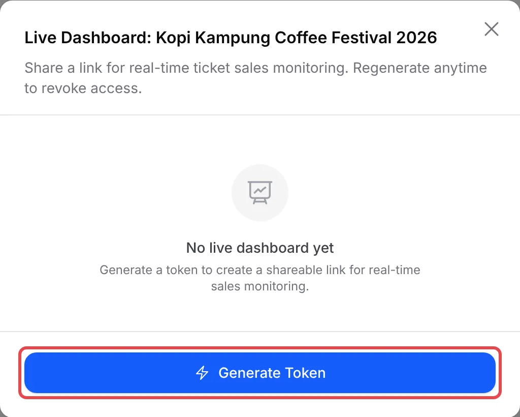 The Live Dashboard pop-up for Kopi Kampung Coffee Festival 2026, with the Generate Token button highlighted