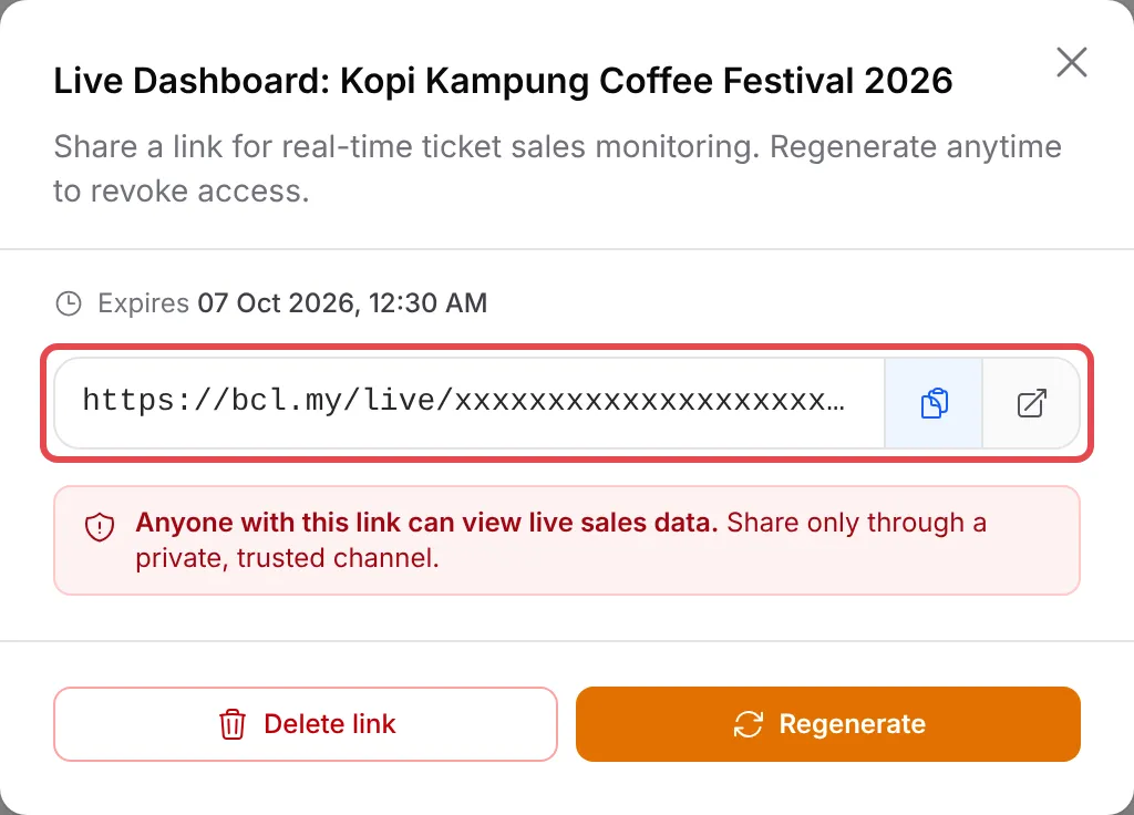 The Live Dashboard pop-up with a new link, its expiry date, and the copy and open buttons