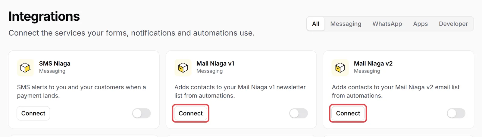 The Integrations page with the Connect buttons on the Mail Niaga v1 and Mail Niaga v2 cards highlighted