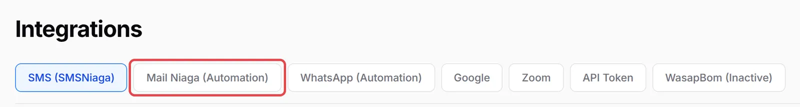 The Integrations page with the Mail Niaga (Automation) tab highlighted