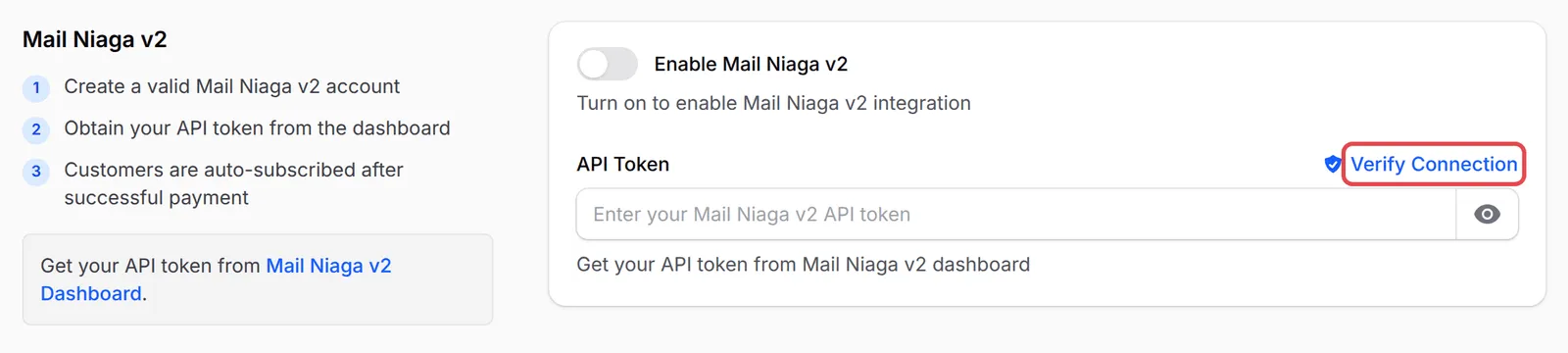 The Mail Niaga v2 section with Verify Connection highlighted next to API Token