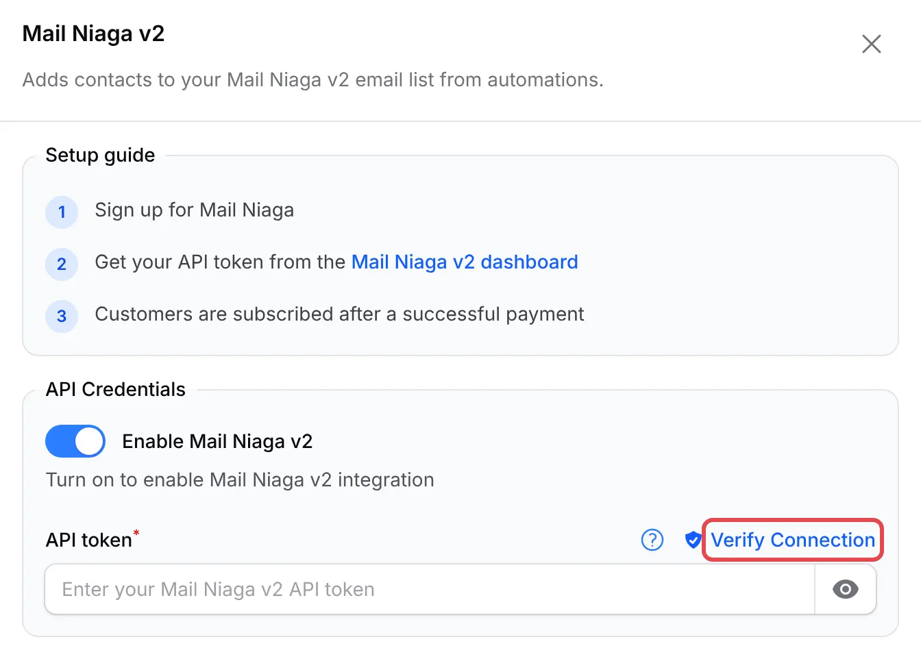 The Mail Niaga v2 panel with Verify Connection highlighted next to API token