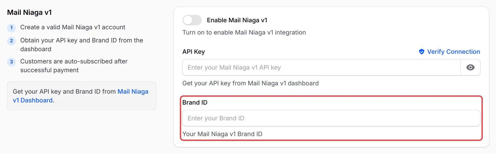 The Mail Niaga v1 section with the Brand ID field highlighted