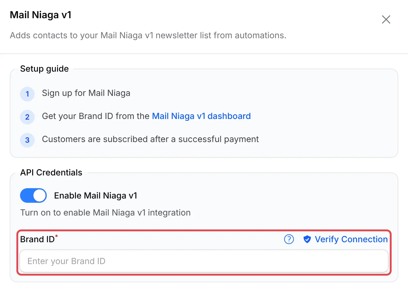 The Mail Niaga v1 panel with the Brand ID field highlighted