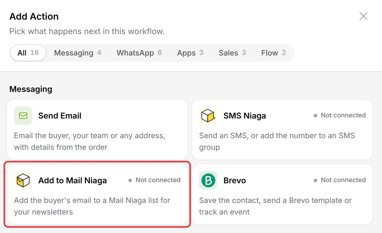 The Add Action panel with Add to Mail Niaga highlighted under Messaging
