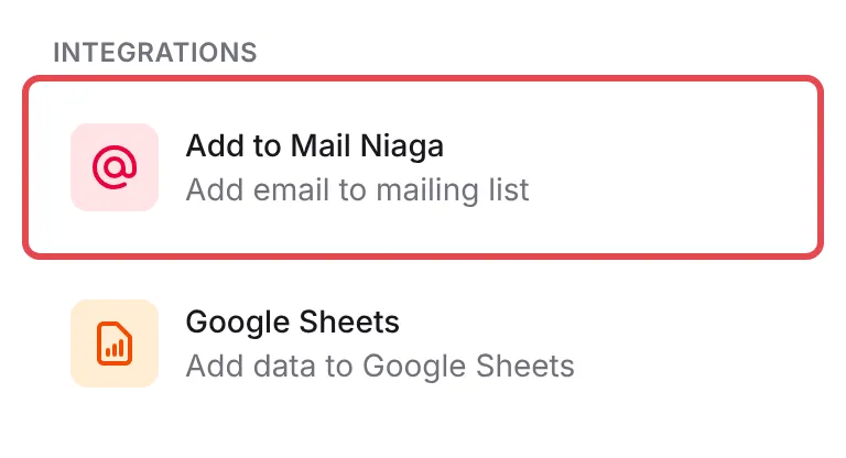 The Add Action list with Add to Mail Niaga highlighted under Integrations