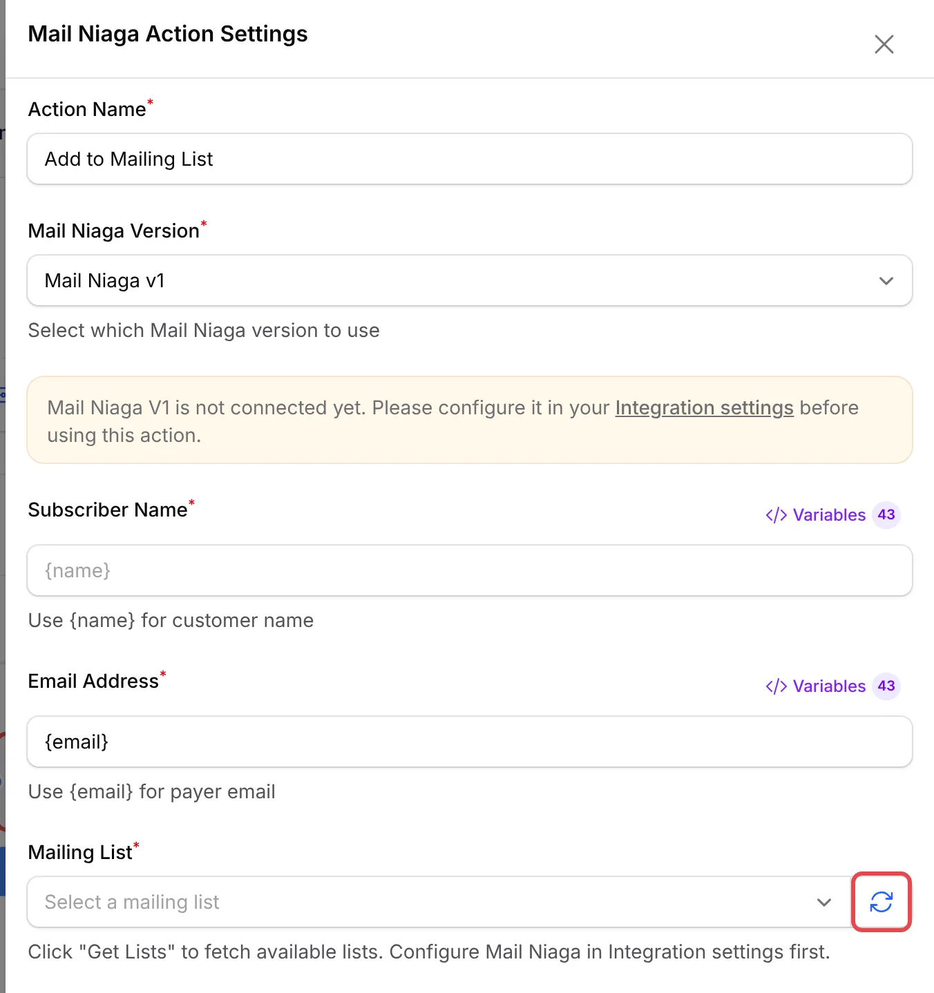Mail Niaga Action Settings with the refresh icon next to Mailing List highlighted