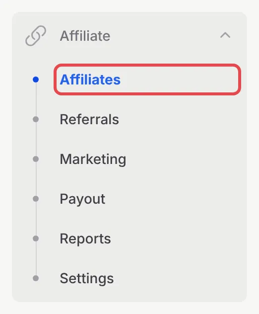The Affiliate menu in the BCL sidebar, with Affiliates highlighted