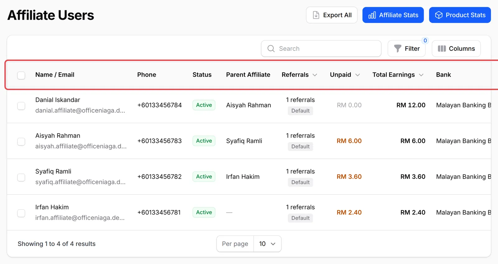 The Affiliate Users list with four affiliates, their Parent Affiliate and earnings, and the column headings highlighted