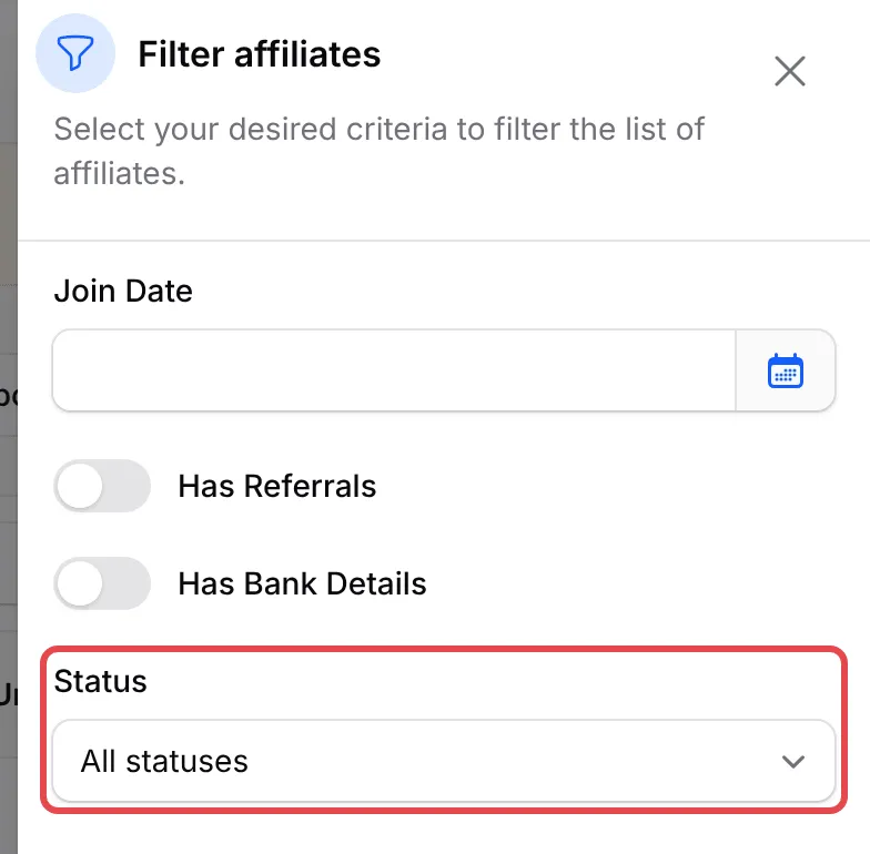 The Filter panel with the Status filter highlighted