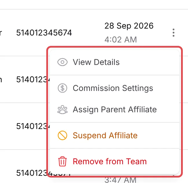 一位affiliate的Actions菜单，有View Details、Commission Settings、Assign Parent Affiliate、Suspend Affiliate和Remove from Team