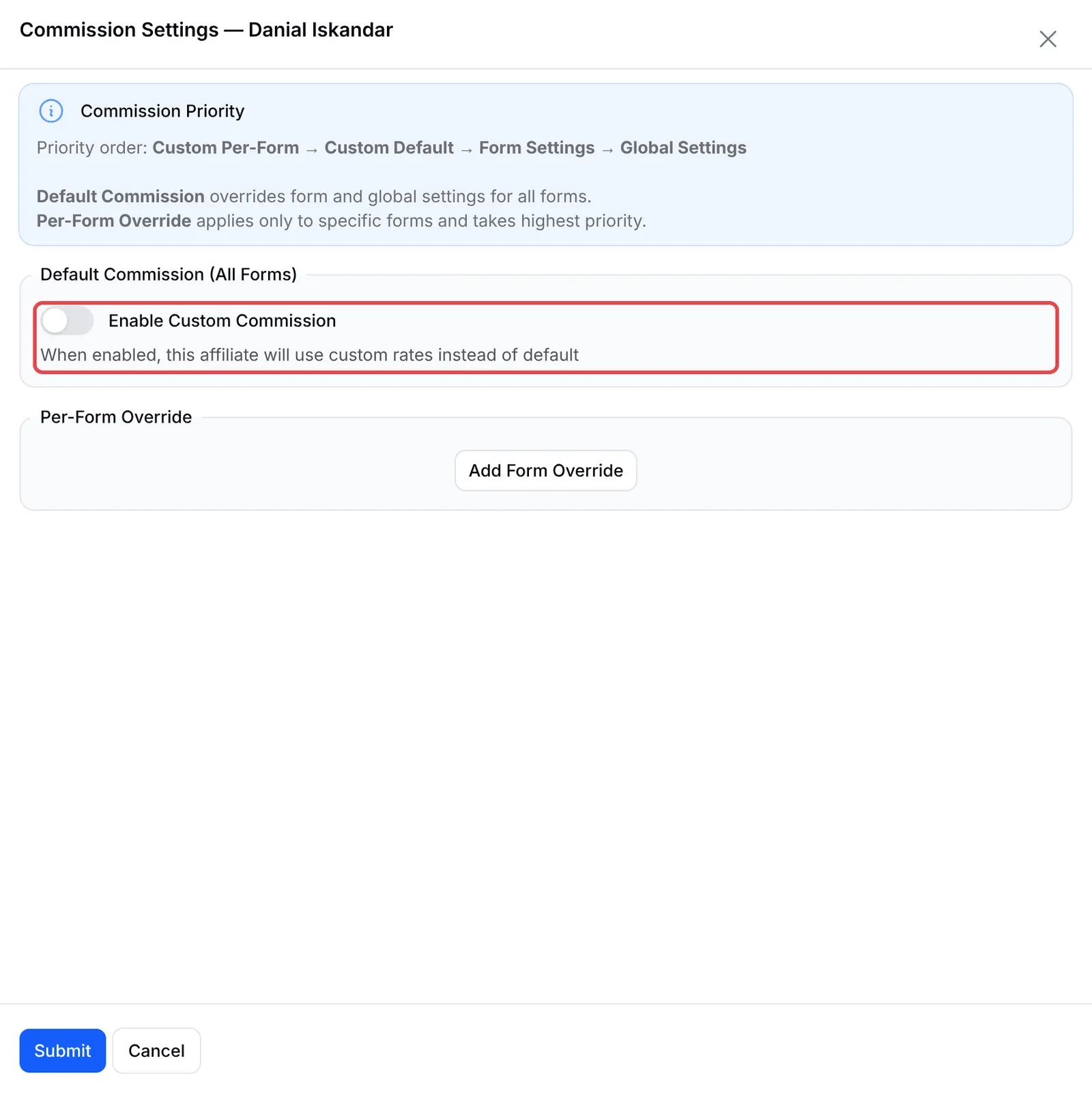 Commission Settings for one affiliate, with the Enable Custom Commission switch highlighted