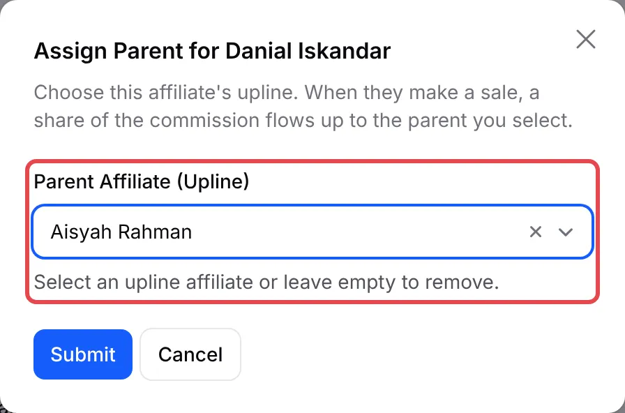 Assign Parent for one affiliate, with the Parent Affiliate (Upline) field highlighted