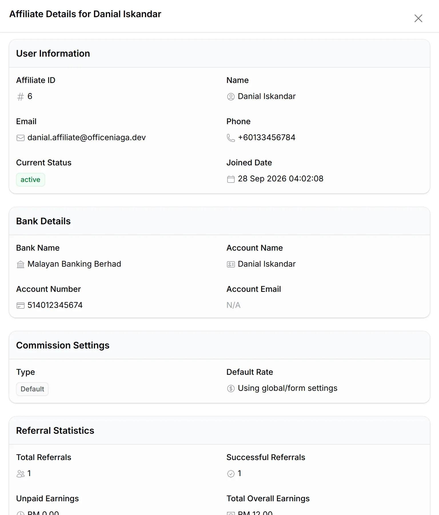 Affiliate Details for one affiliate, with user information, bank details and referral statistics