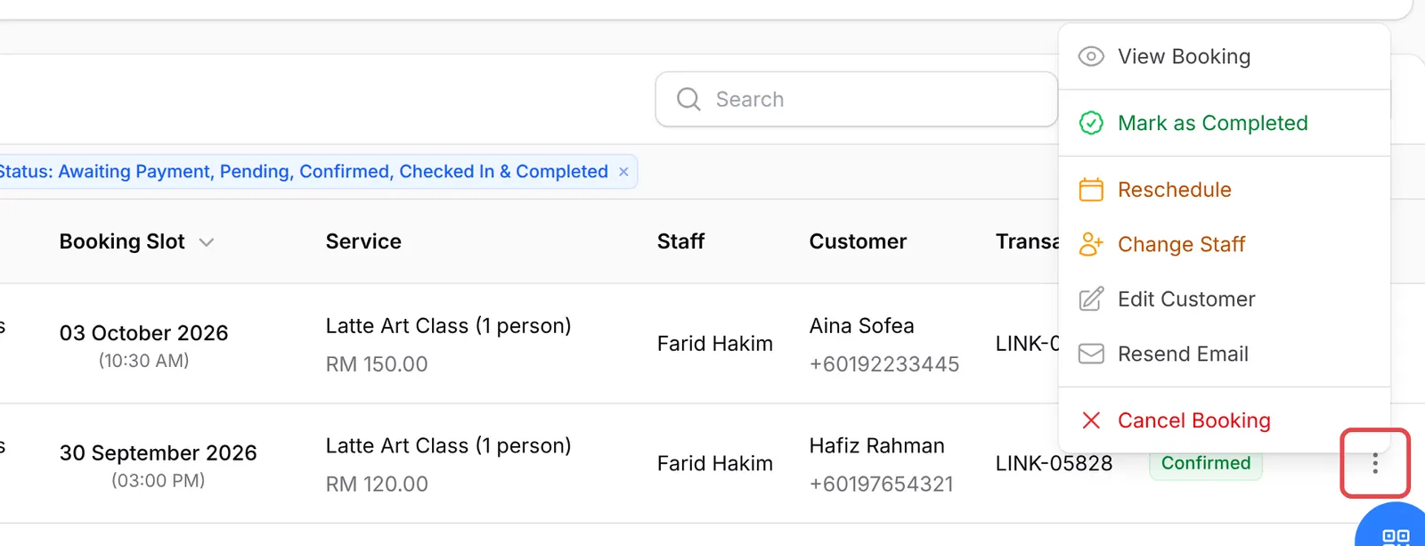 The Actions menu of a confirmed booking with View Booking, Mark as Completed, Reschedule, Change Staff, Edit Customer, Resend Email and Cancel Booking