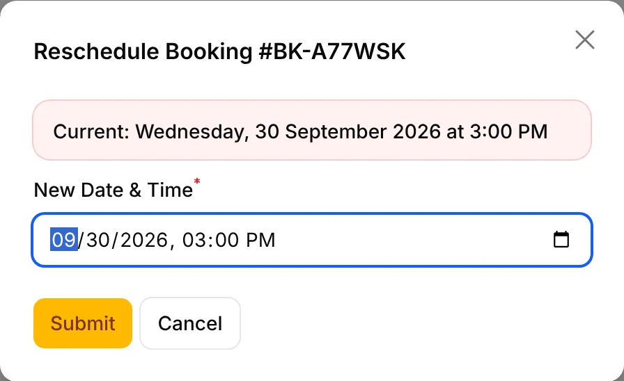 The Reschedule Booking panel showing the current date and the New Date & Time field