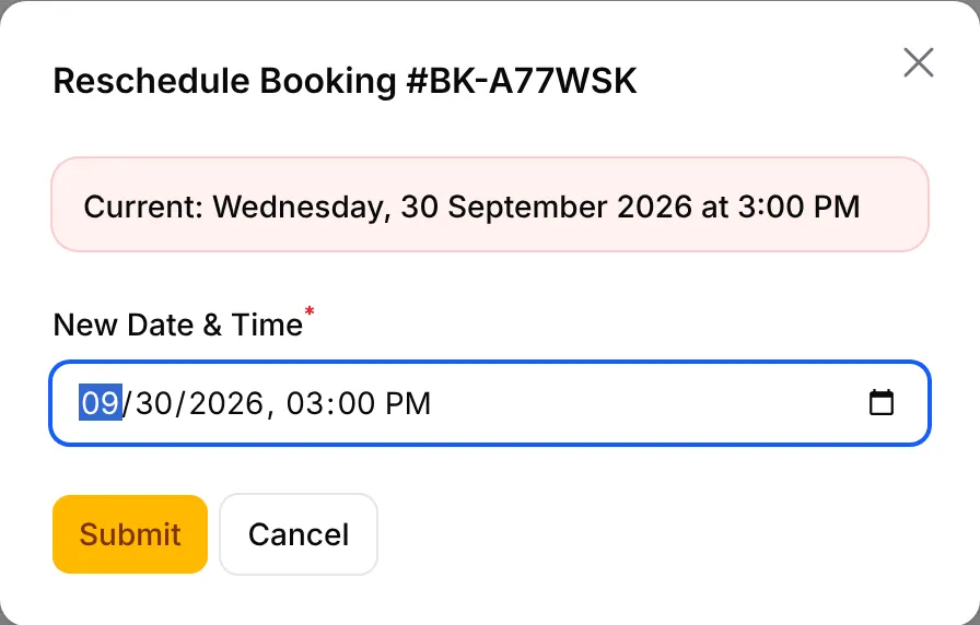 Reschedule Booking面板,显示目前的日期和New Date & Time栏位