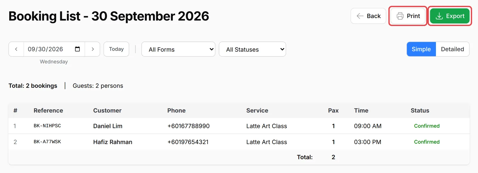 The Booking List for 30 September 2026 with the Print and Export buttons highlighted