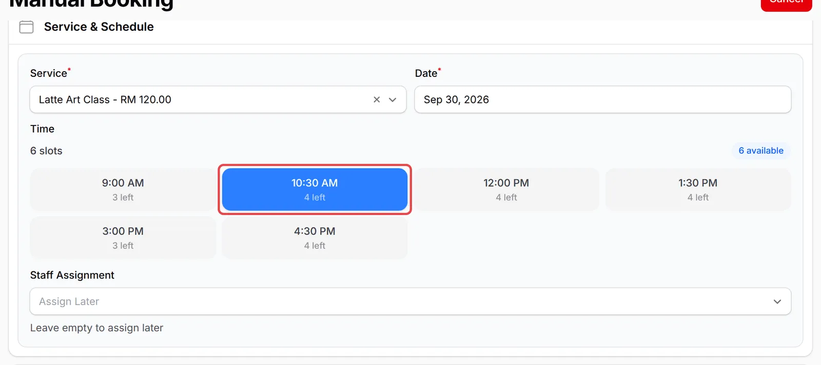 The Service & Schedule section with the 10 AM slot selected and places left under each time
