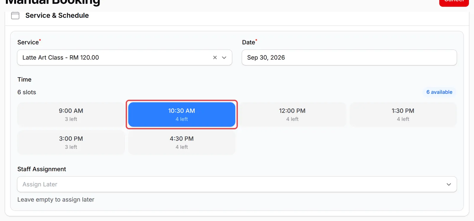 Service & Schedule部分,已选10 AM时段,每个时间下显示剩余名额