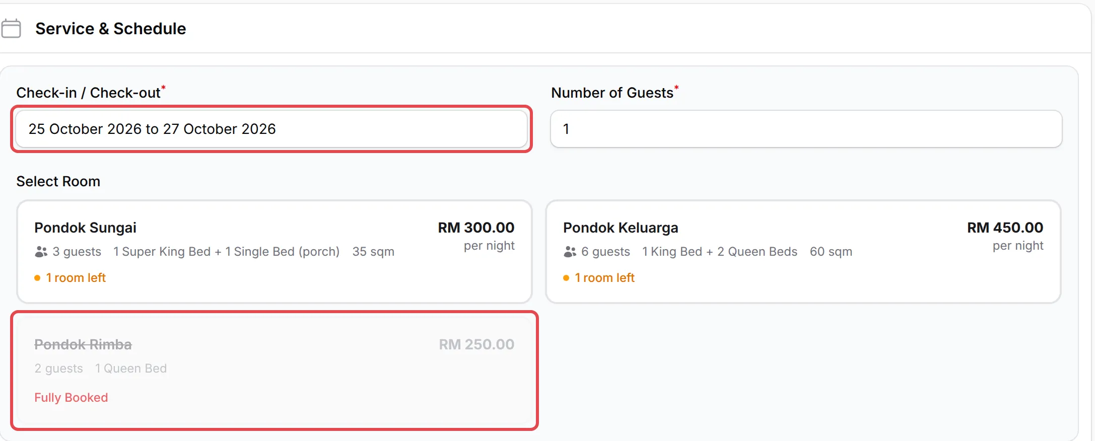 Manual Booking for a homestay with the Check-in / Check-out dates and a room marked Fully Booked highlighted