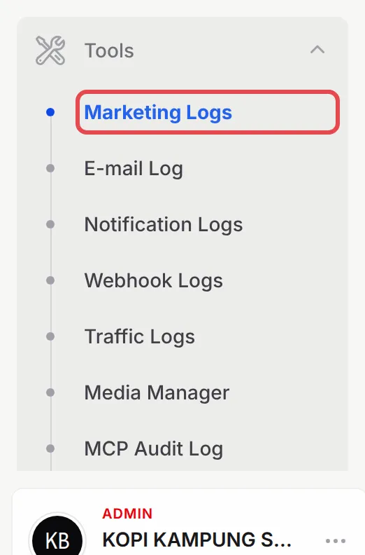 The Tools menu in the BCL sidebar, with Marketing Logs highlighted