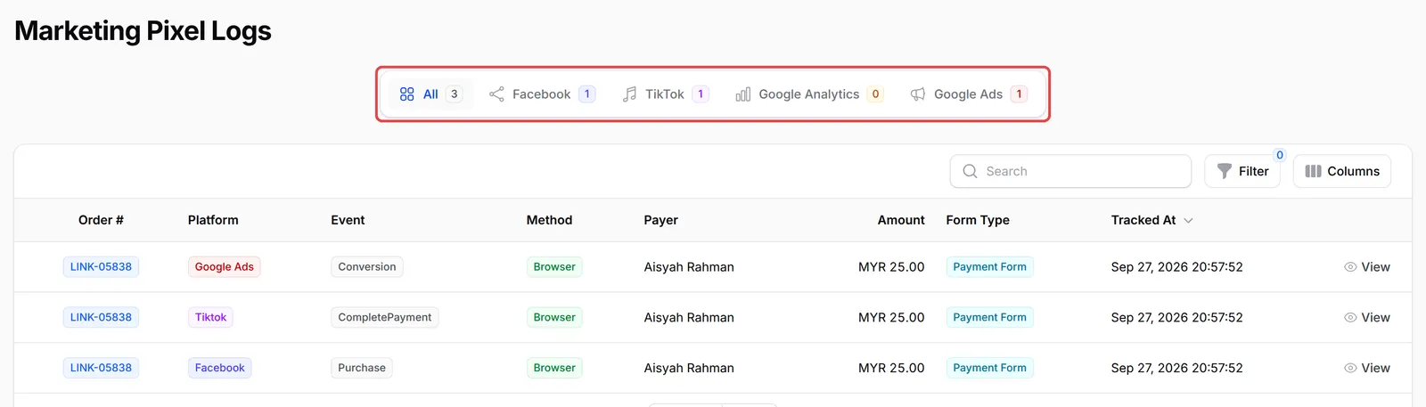 Marketing Pixel Logs with the platform tabs highlighted, and three rows for one test order