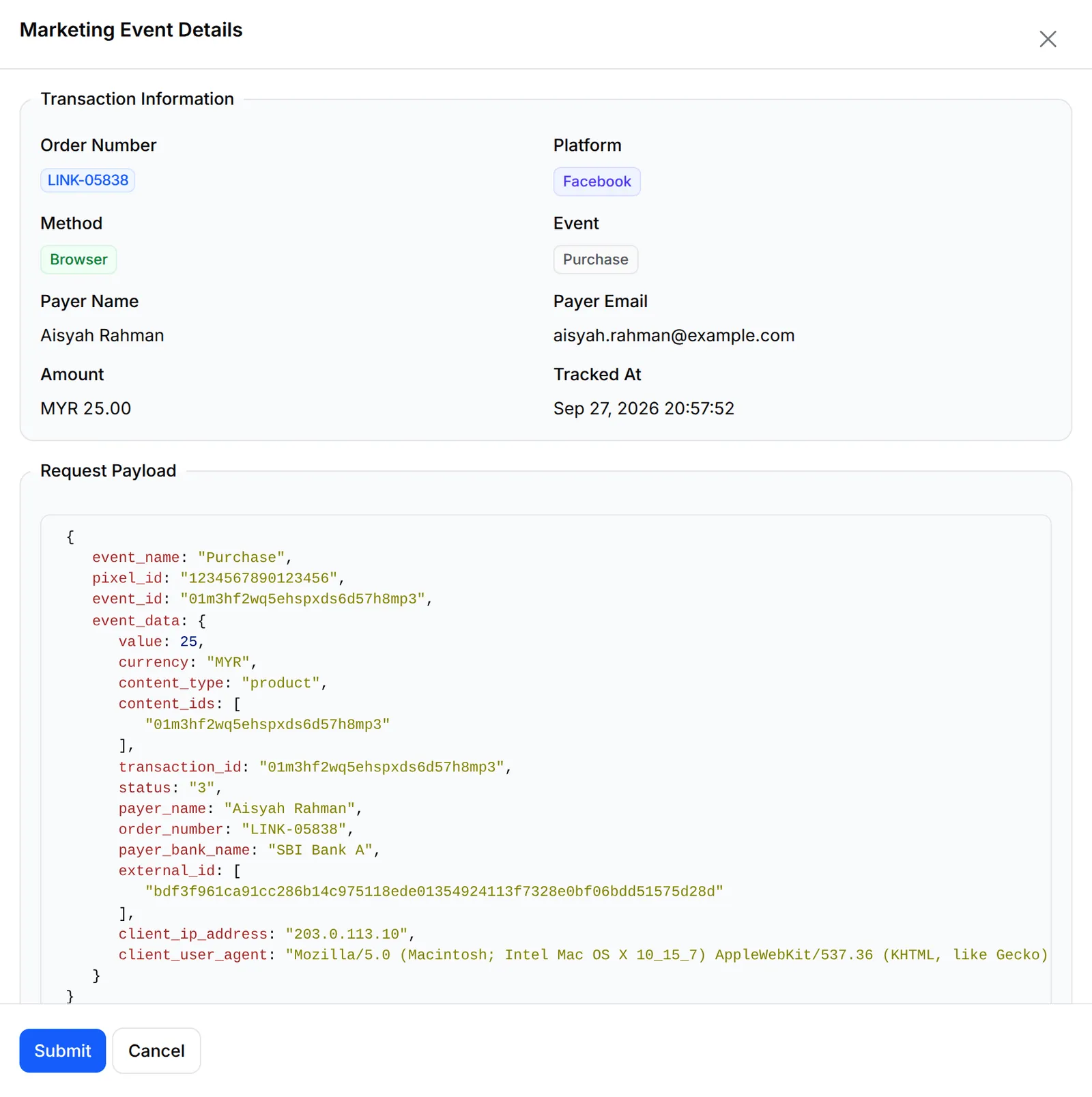 Marketing Event Details for a Facebook Purchase sent by the browser, with its request payload