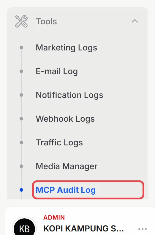 The Tools menu in the BCL sidebar, with MCP Audit Log highlighted