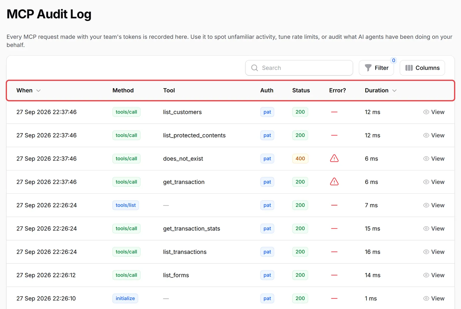 MCP Audit Log表格，已标示列标题，有tools/call、tools/list和initialize请求的行