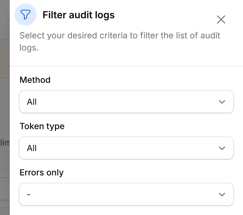 The Filter audit logs panel with the Method, Token type and Errors only filters