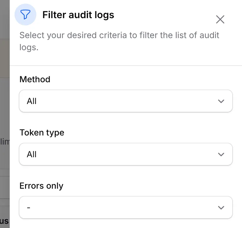 Filter audit logs面板，有Method、Token type和Errors only筛选