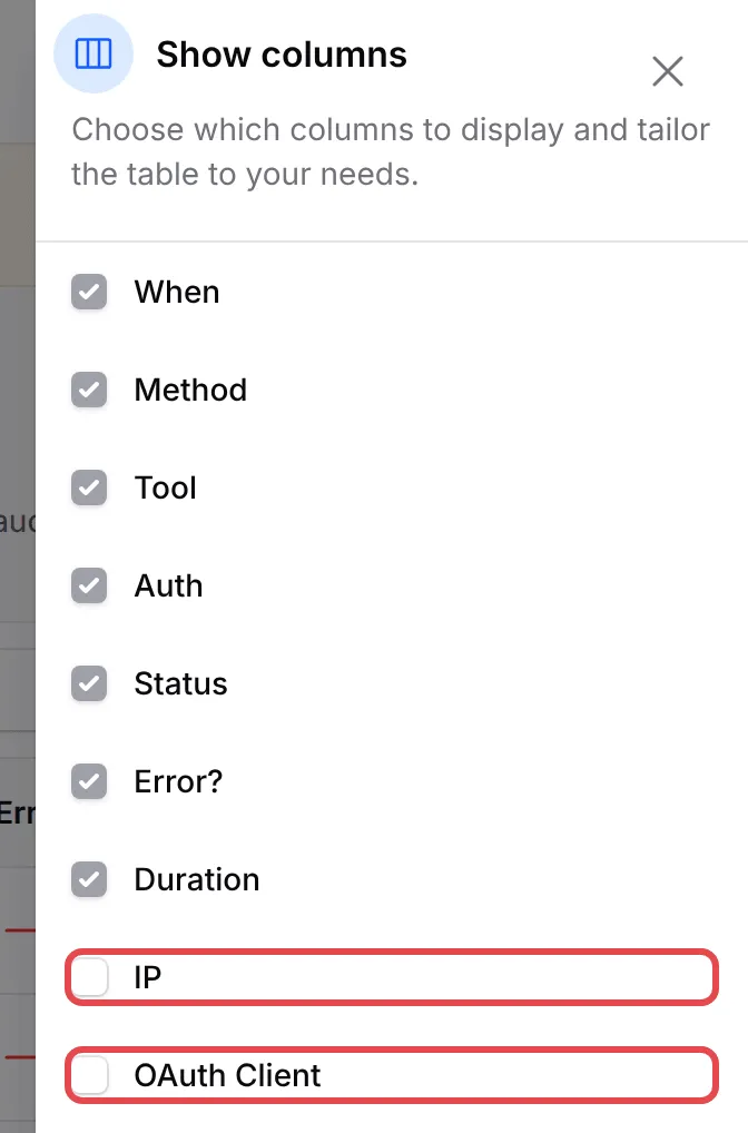 The Show columns panel, with the IP and OAuth Client columns highlighted