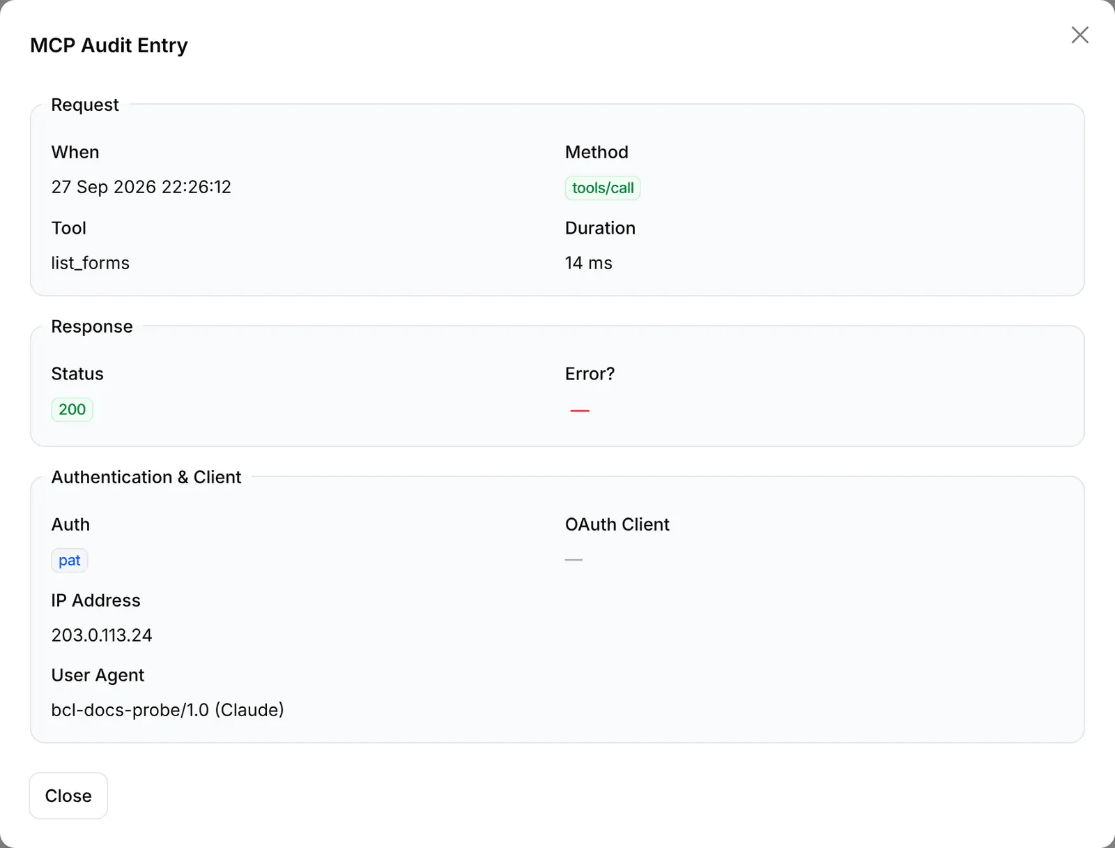 The MCP Audit Entry window for a list_forms call, showing the request, response, and authentication details