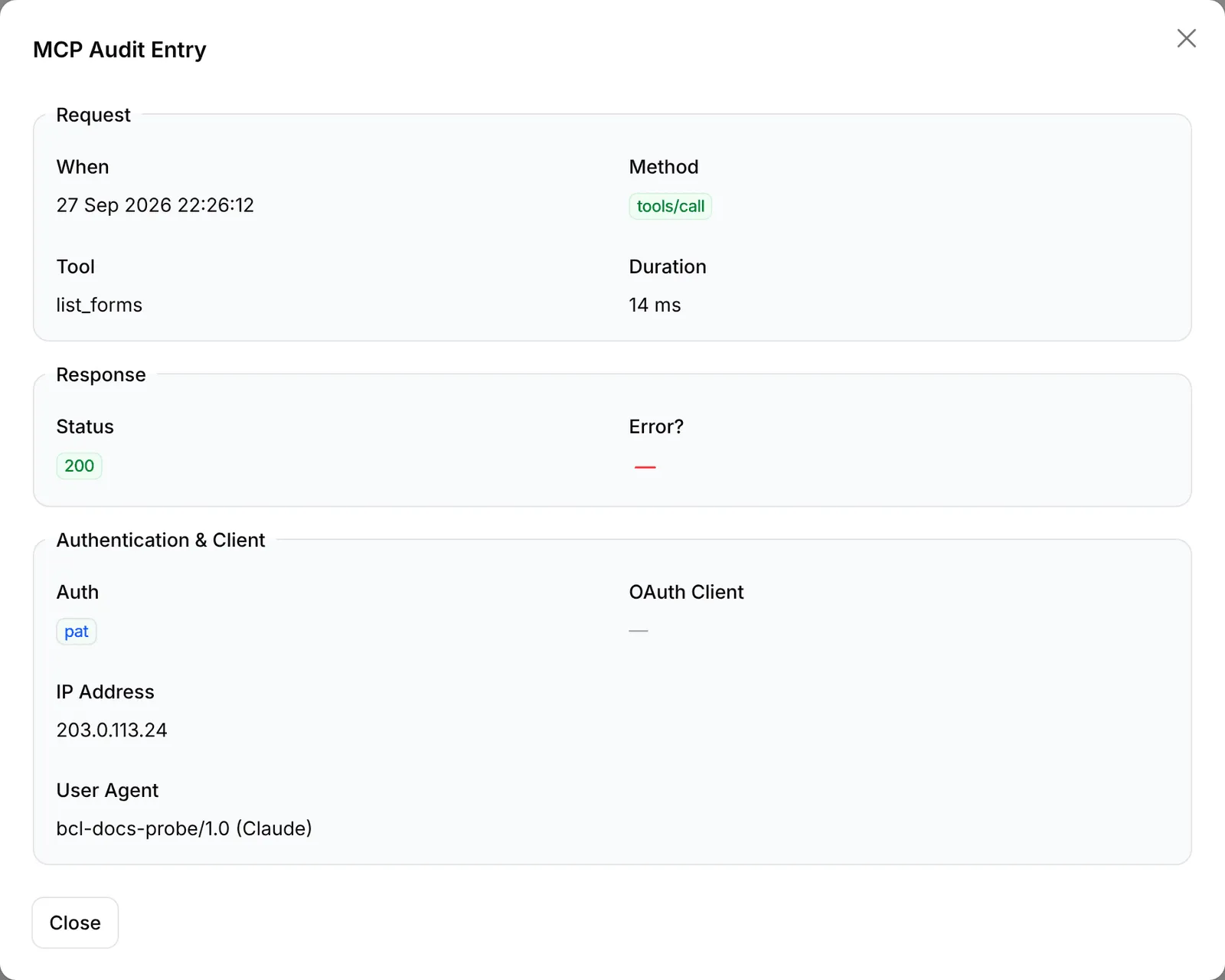 一个list_forms调用的MCP Audit Entry窗口，显示请求、响应和验证详情