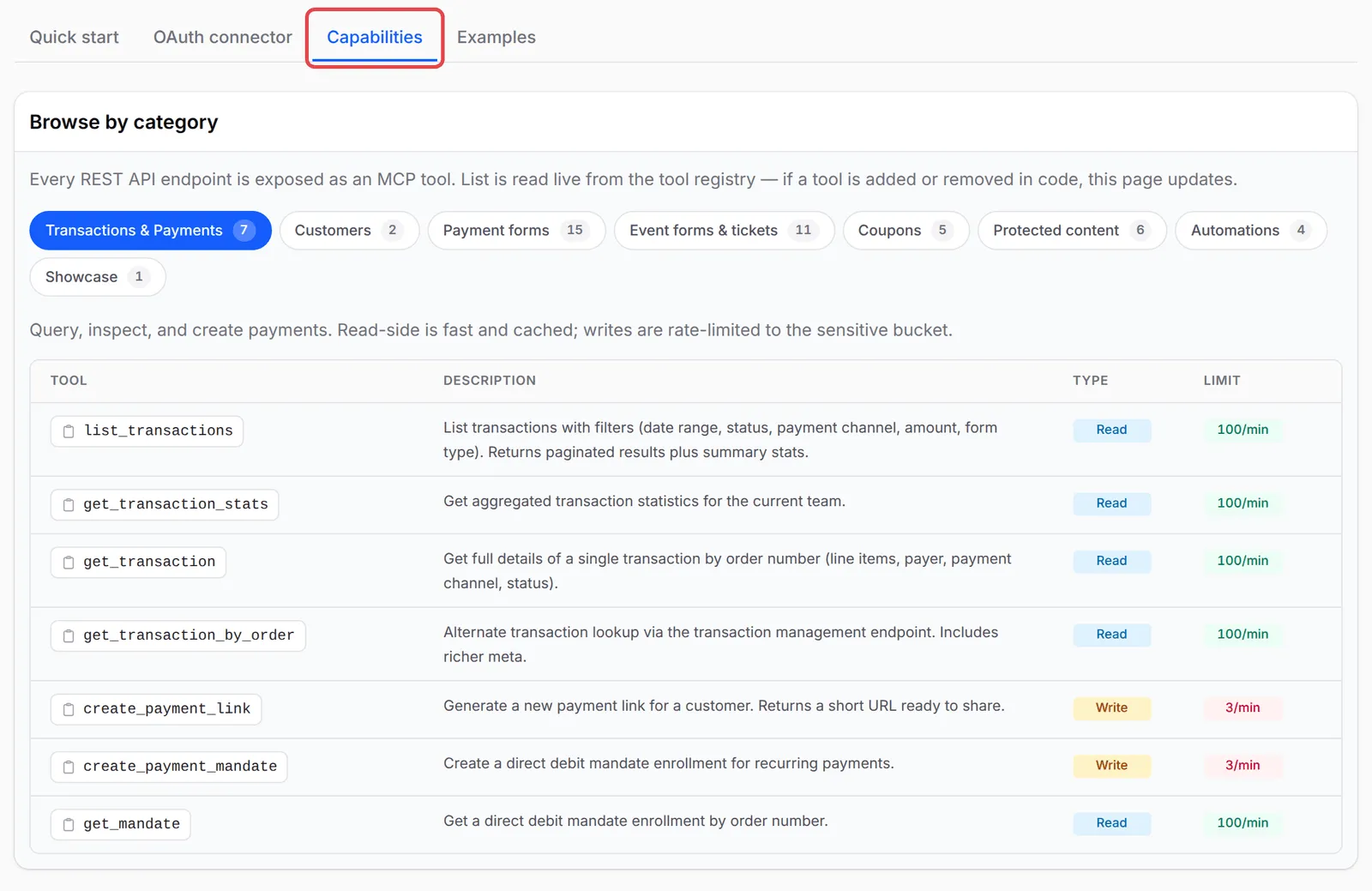 The Capabilities tab, with tool categories and the Transactions and Payments tools, their type and their rate limit