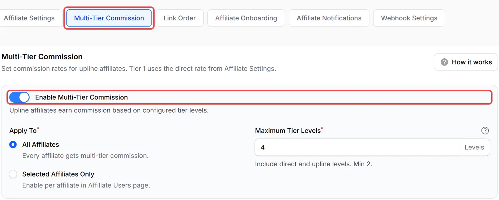 The Multi-Tier Commission tab with the Enable Multi-Tier Commission switch highlighted