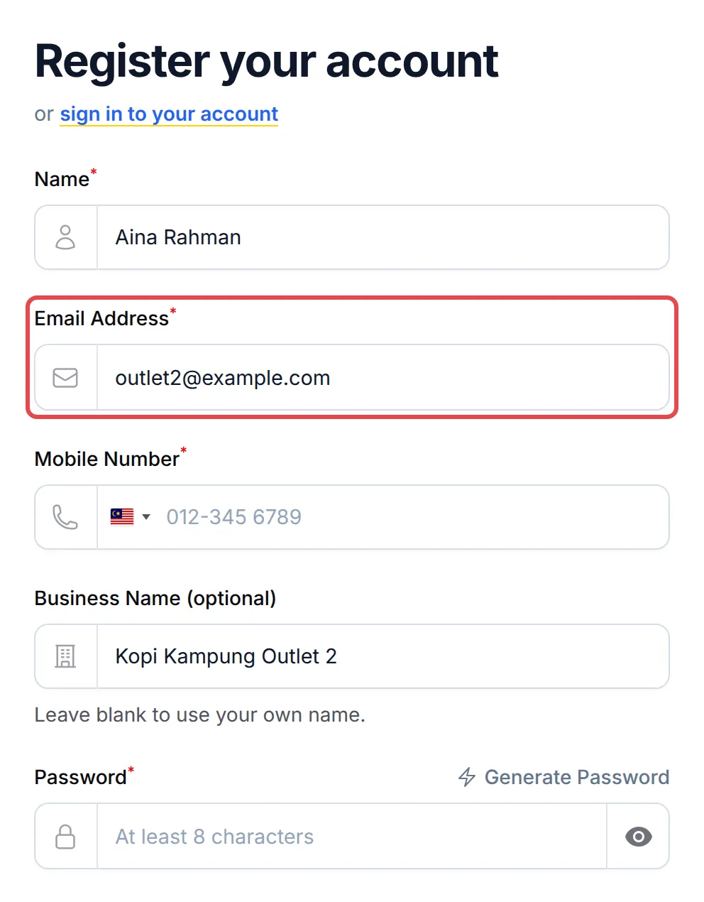 The Register your account form with the Email Address field highlighted