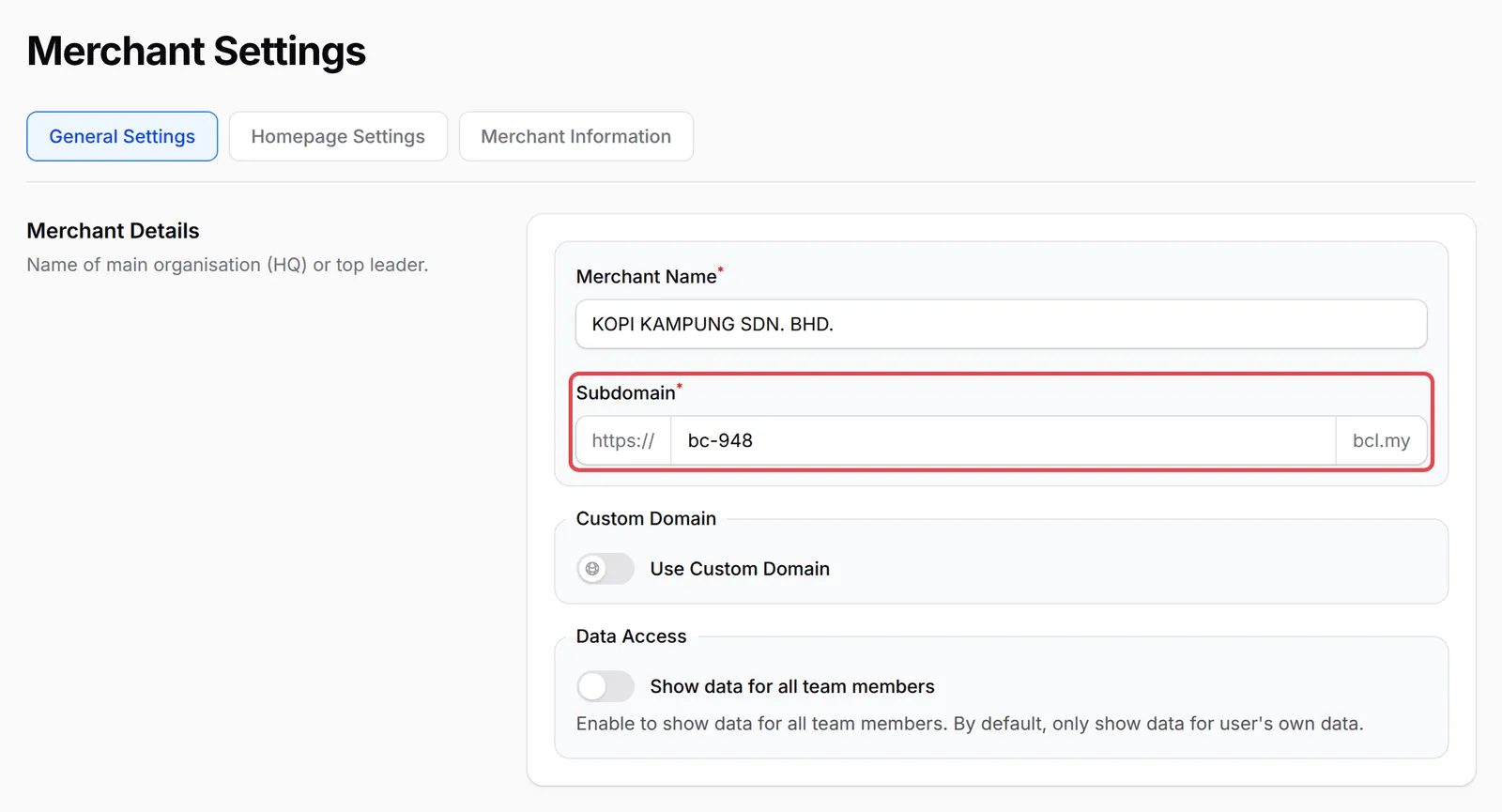 The General Settings tab of Merchant Settings with the Subdomain field highlighted