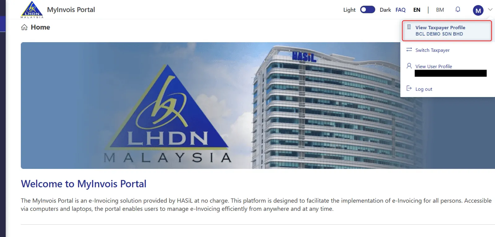 Menu profil MyInvois Portal dengan View Taxpayer Profile dan Switch Taxpayer