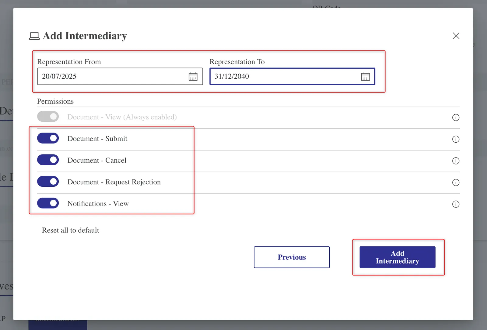 Tetingkap Add Intermediary dengan tarikh representation dan suis permission