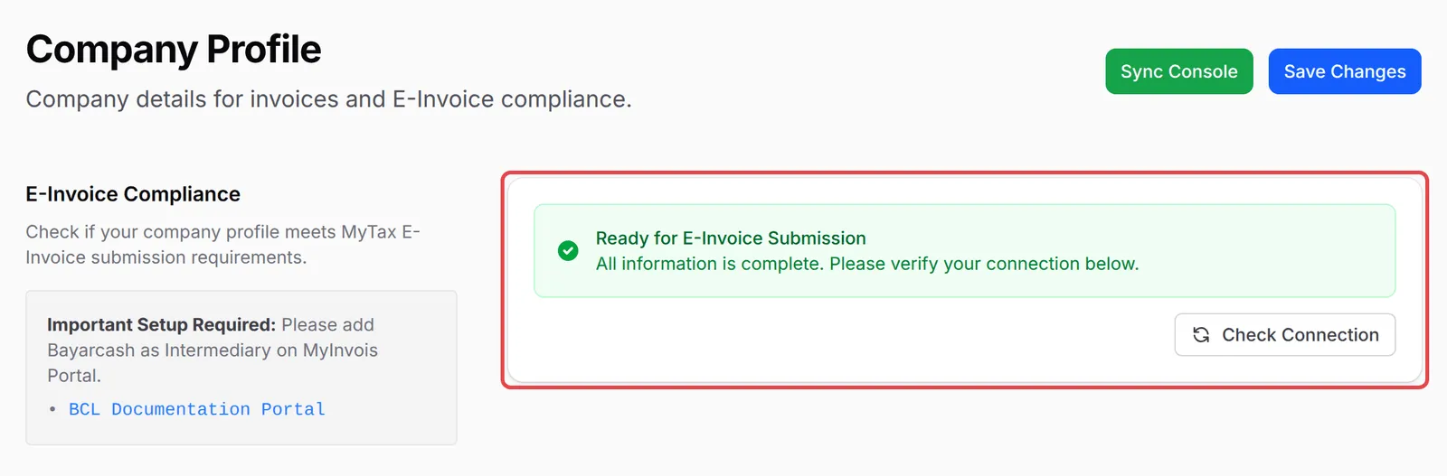 Bahagian E-invois Compliance dalam Company Profile yang memaparkan Missing Required Information